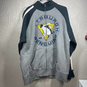 J America Gray Black Full Fleece Lined Pittsburgh Penguins Sweatshirt Mens Large